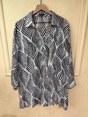 Talbots Leaf Print Lightweight Swim Cover-up Tunic Top Black White
